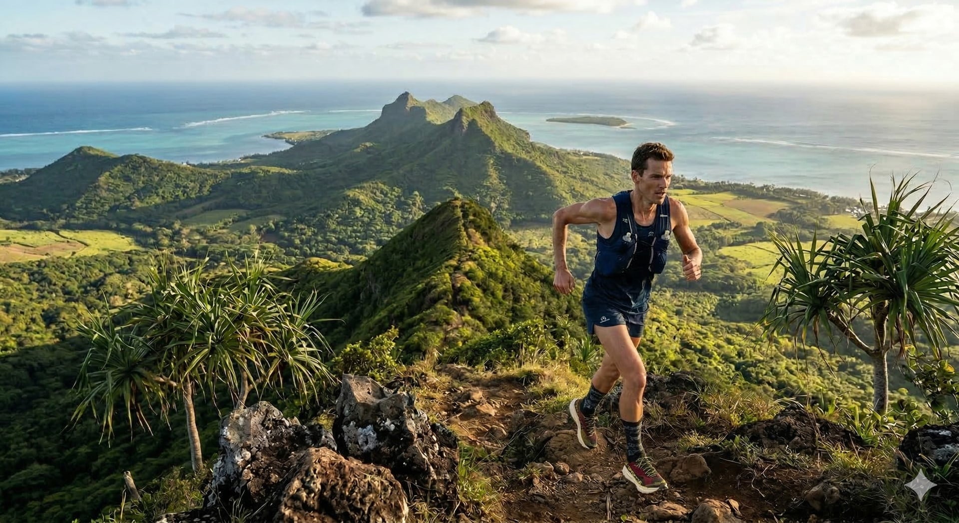 Trail runner in the mountains at sunrise